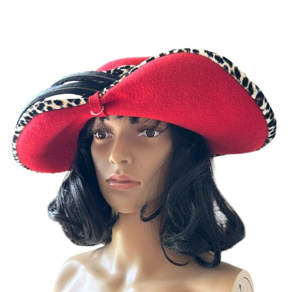 NWT Vintage 1960\'s Mr. John Classic Hat Red with animal print & large feathers main image 4